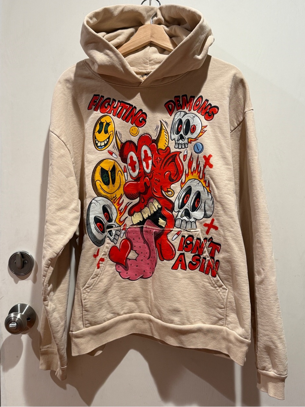 Fighting Demons Isn’t A Sin Graphic Fleece Hoodie Cream Beige Y2K Streetwear L